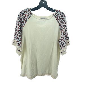 Misslook Womens Top Blouse Animal Print Shirt Frayed Sleeve Beige Brown Large